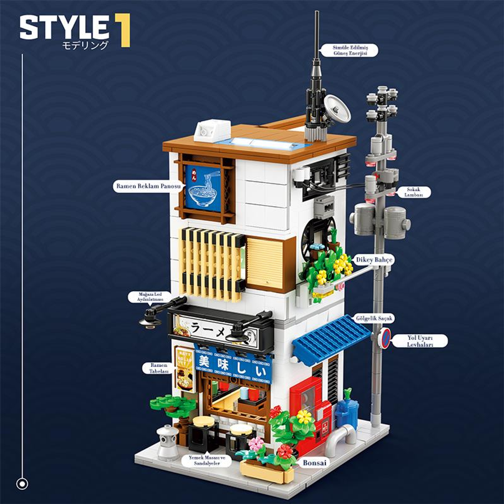 Çok sayıda etiketle detaylandırılmış bir Japon ramen dükkanı modeli.