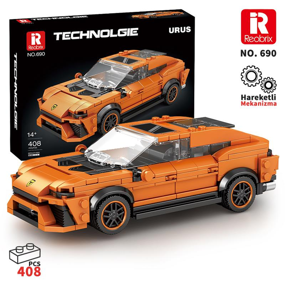 Şeffaf ön camlı ve siyah tekerlekli turuncu Lego spor araba yapım seti.