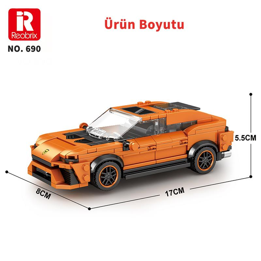 Turuncu, oyuncak spor araba, yapım bloklarından, 17x8x5.5cm.