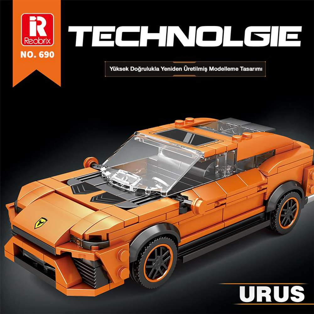 Siyah tavanlı ve tekerlekli turuncu Lego spor araba.
