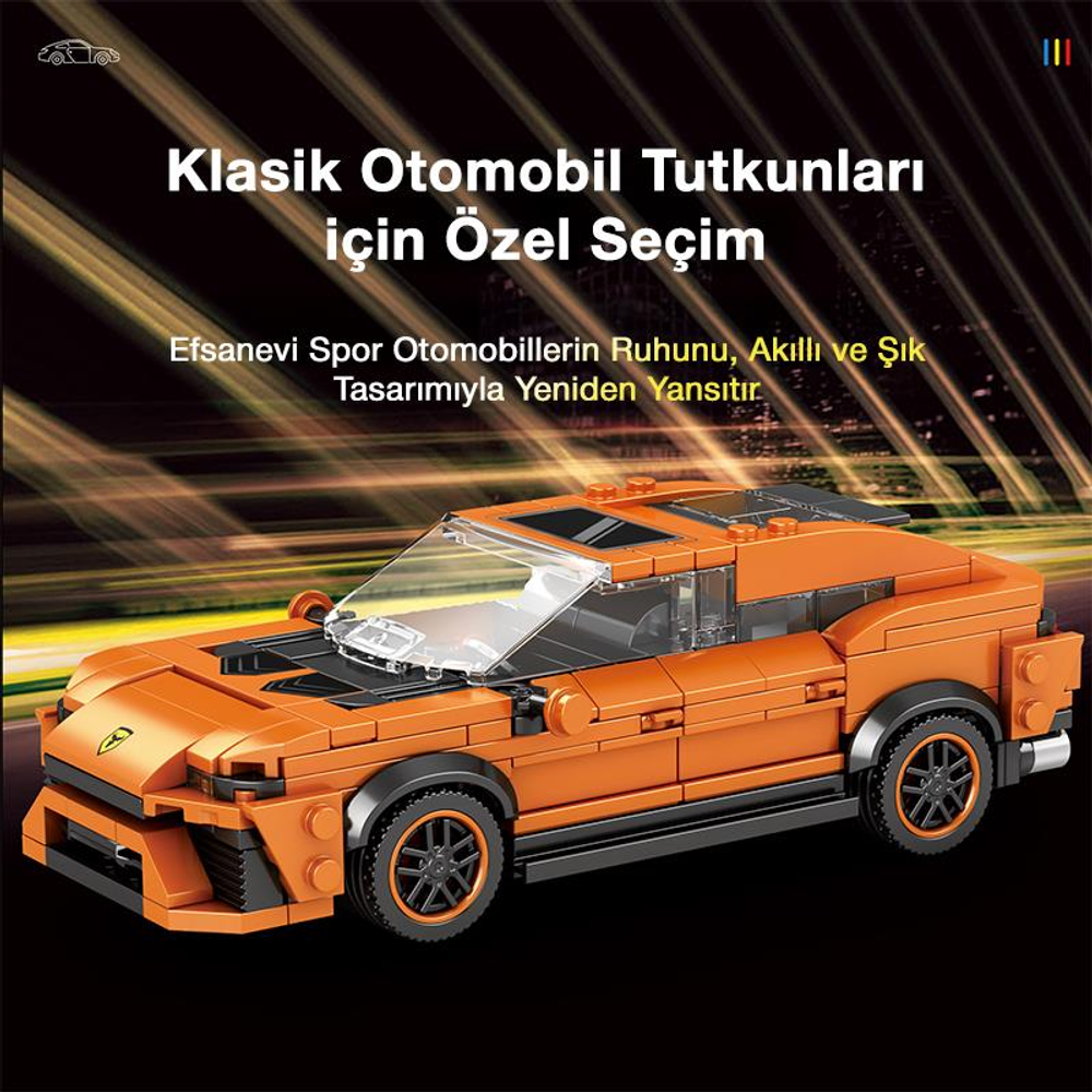 Turuncu Lego spor araba, soyut arka plan üzerinde siyah tavan ve tekerlekli.