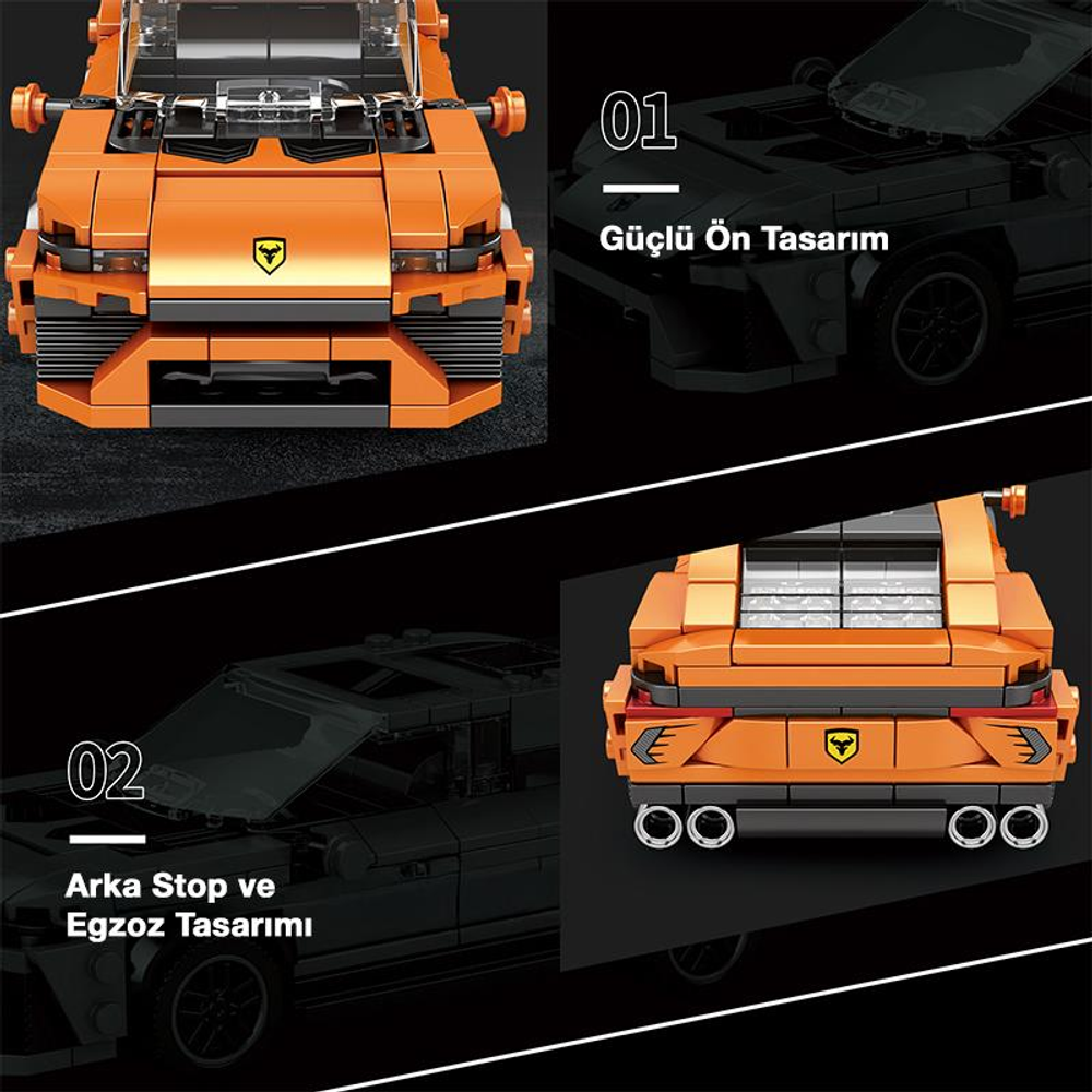 Turuncu Lego spor araba modeli: ön görünüm, arka görünüm ve detaylar.