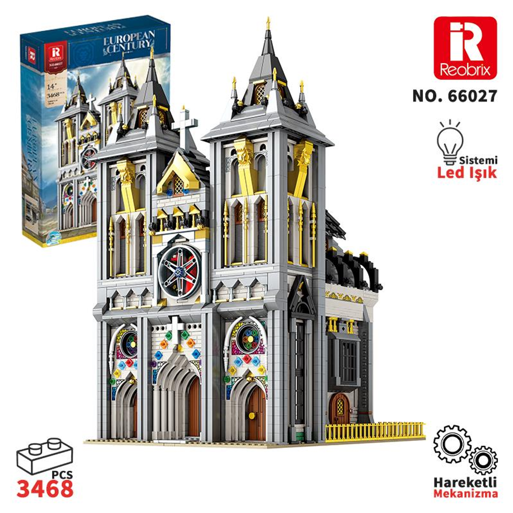 Pencere ve kapıları olan detaylı gri ve altın tuğla kilise modeli.