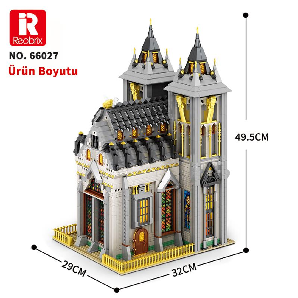 Gri ve altın kulelere ve vitray pencerelere sahip bir LEGO kilise modeli.