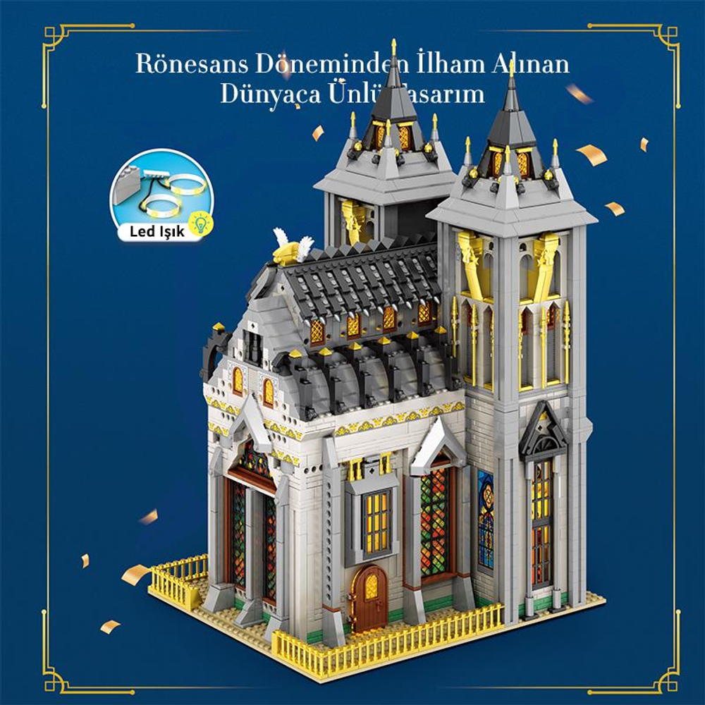Kuleler, vitray pencereler ve LED ışıklarla detaylı Rönesans tarzı kilise modeli.