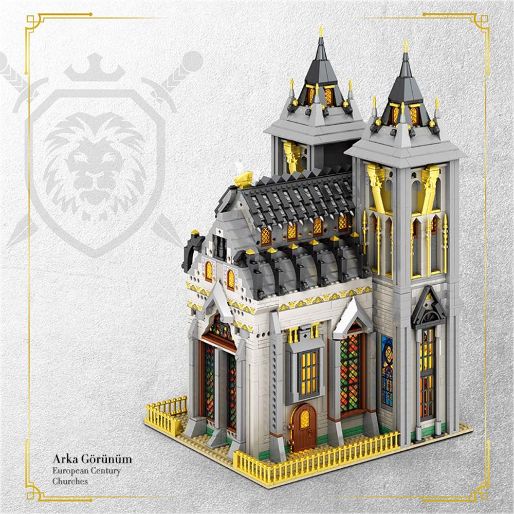 Altın süslemeli ve vitray pencereli gri Lego kilise modeli.
