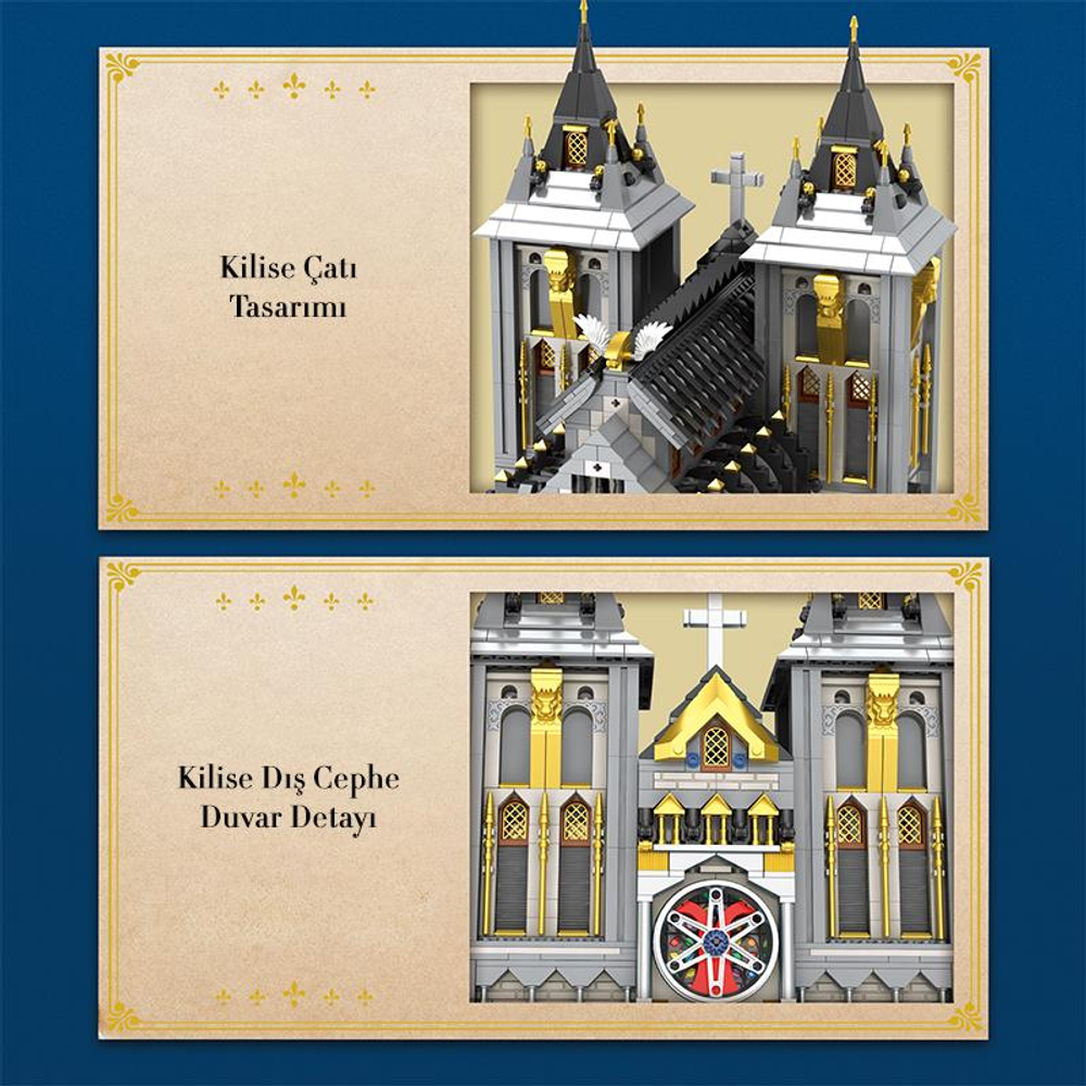 İki resim: üst kilise çatı tasarımı, alt kilise cephe detayı.
