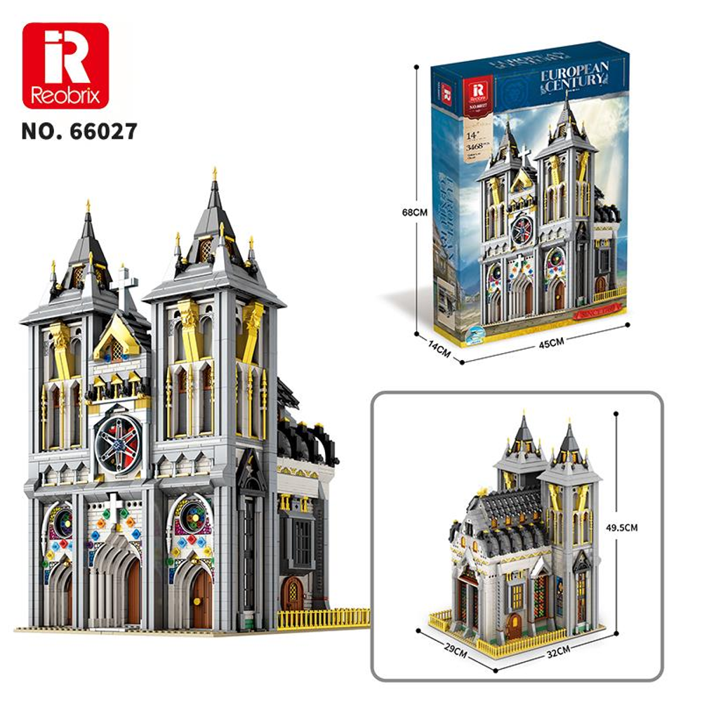 Kuleli, pencereli ve gül pencereli detaylı bir Gotik kilise modeli.