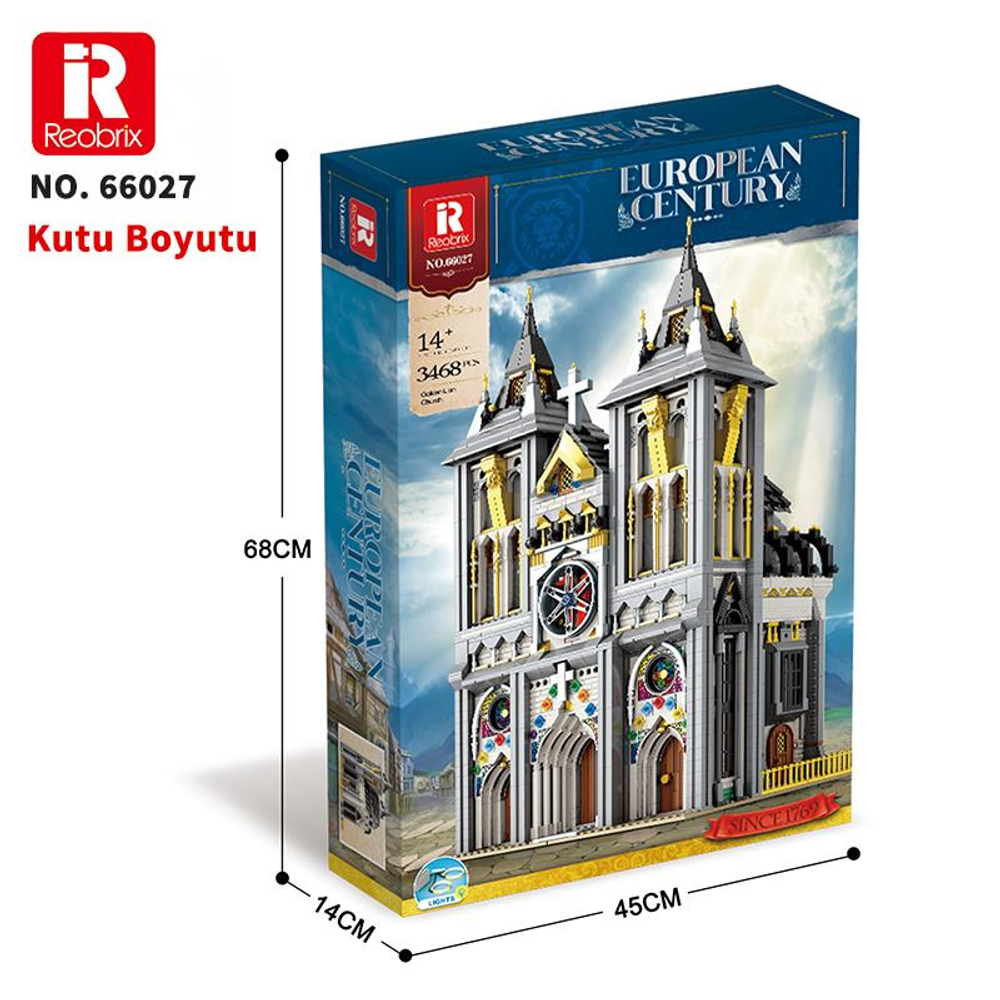 Detaylı kilise içeren Reobrix bina modeli paketi, 68x45x14cm.
