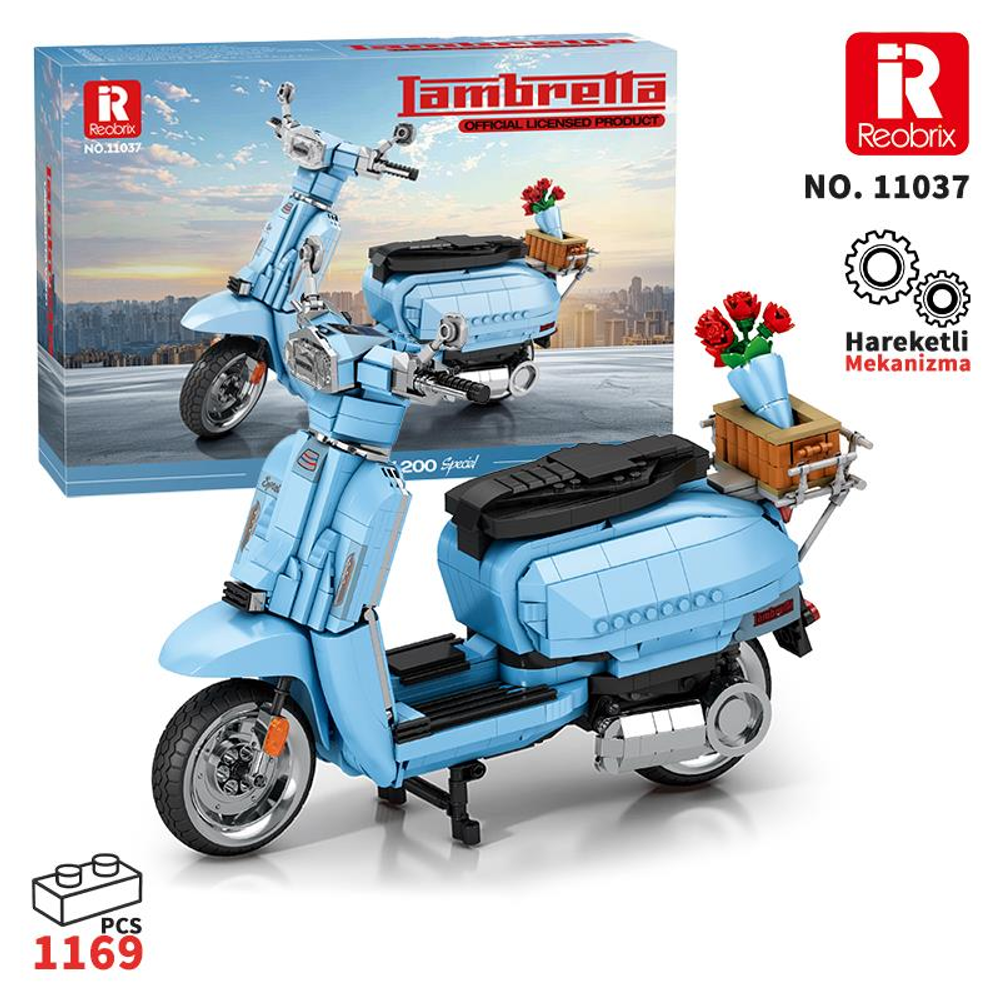 Kutuda kırmızı güllü sepete ve şehir fonuna sahip açık mavi Lambretta moped yapım kiti.