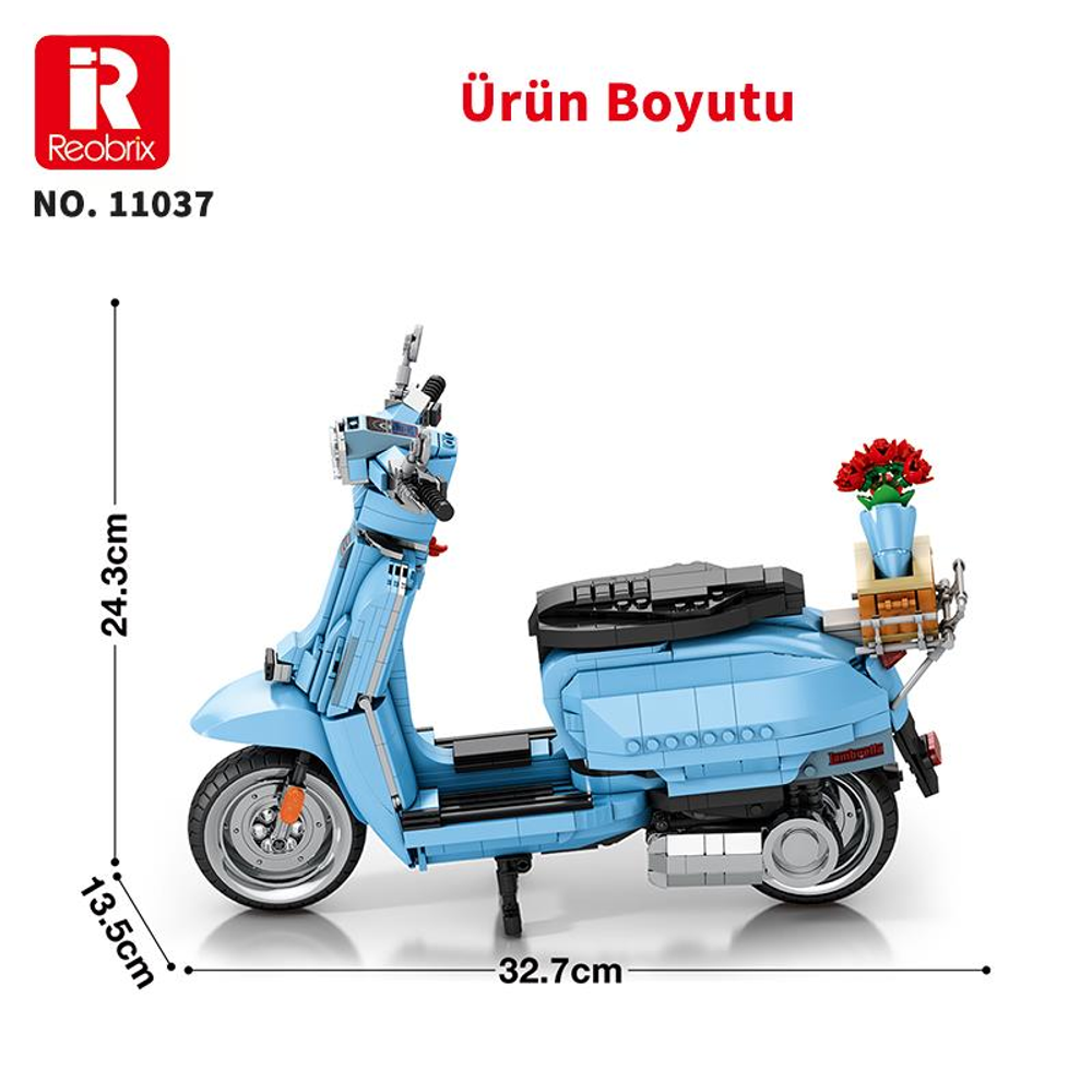 Sepetinde çiçekler olan mavi Lego scooter. Boyutlar gösteriliyor.