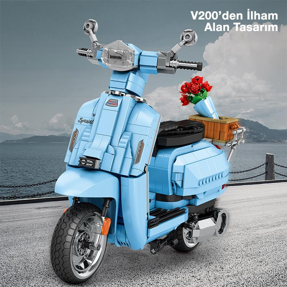 Sepette kırmızı çiçekleri olan açık mavi, tuğladan yapılmış bir moped.
