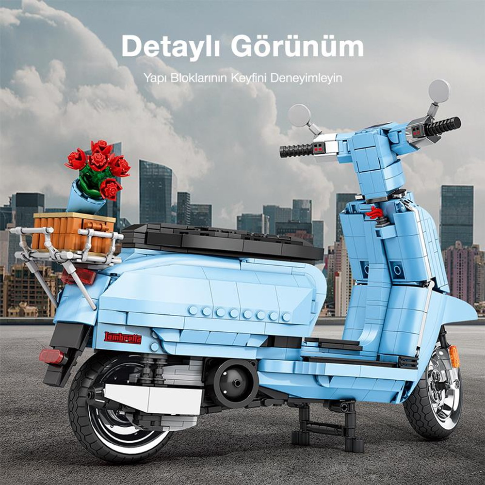 Kırmızı gül dolu sepeti olan açık mavi tuğla yapımı scooter.