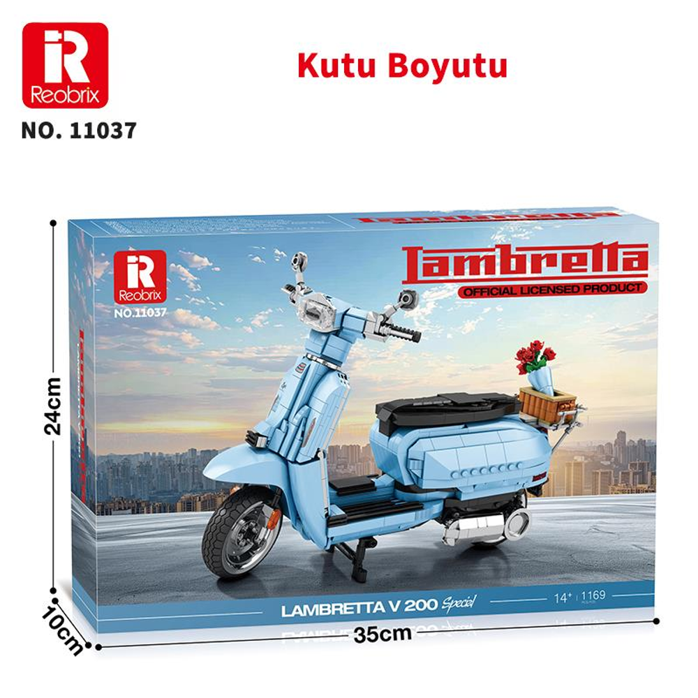 Açık mavi Lambretta V 200 Special moped yapım seti kutusu detaylı model.