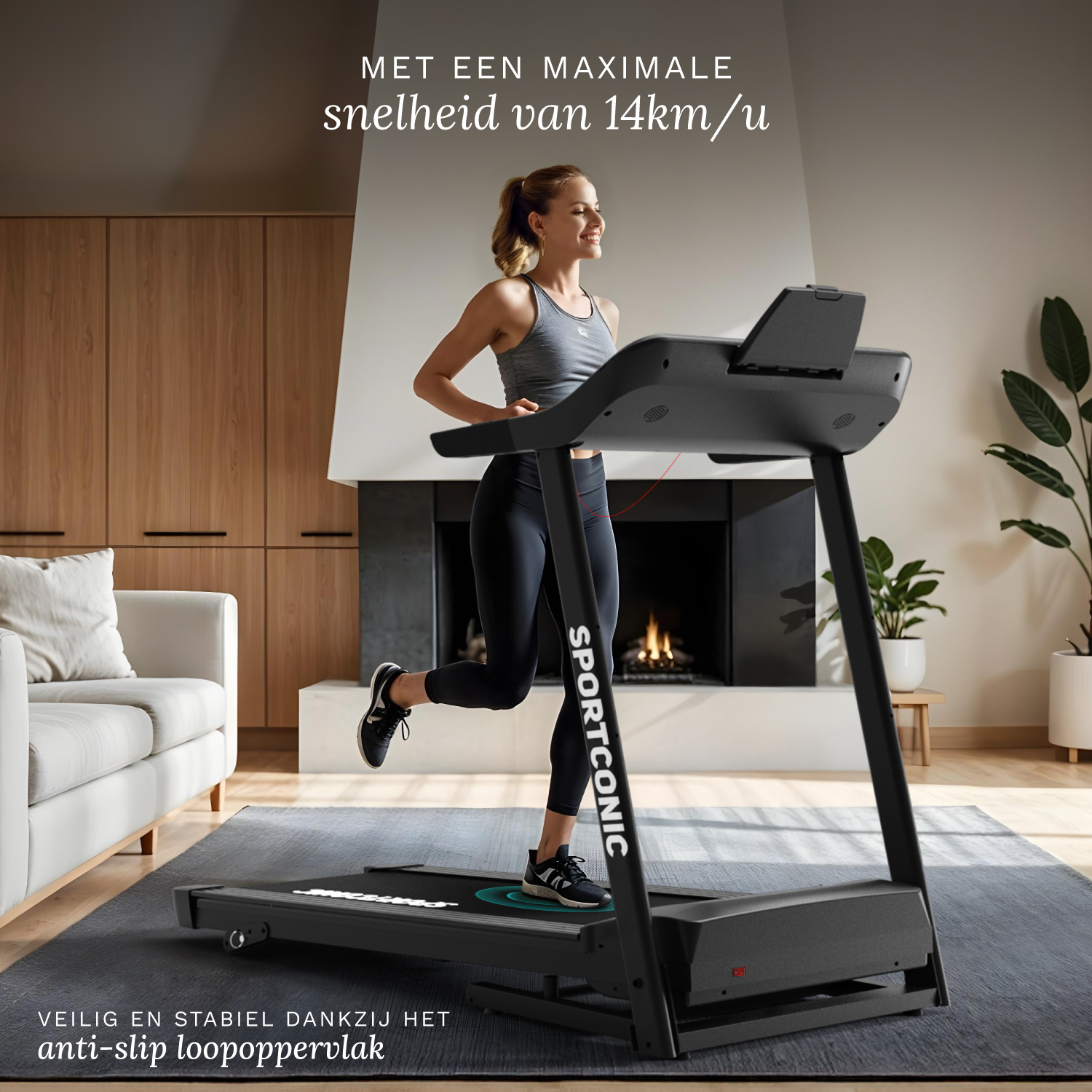 Eine Frau läuft auf einem Laufband in einem modernen Wohnzimmer mit Kamin.