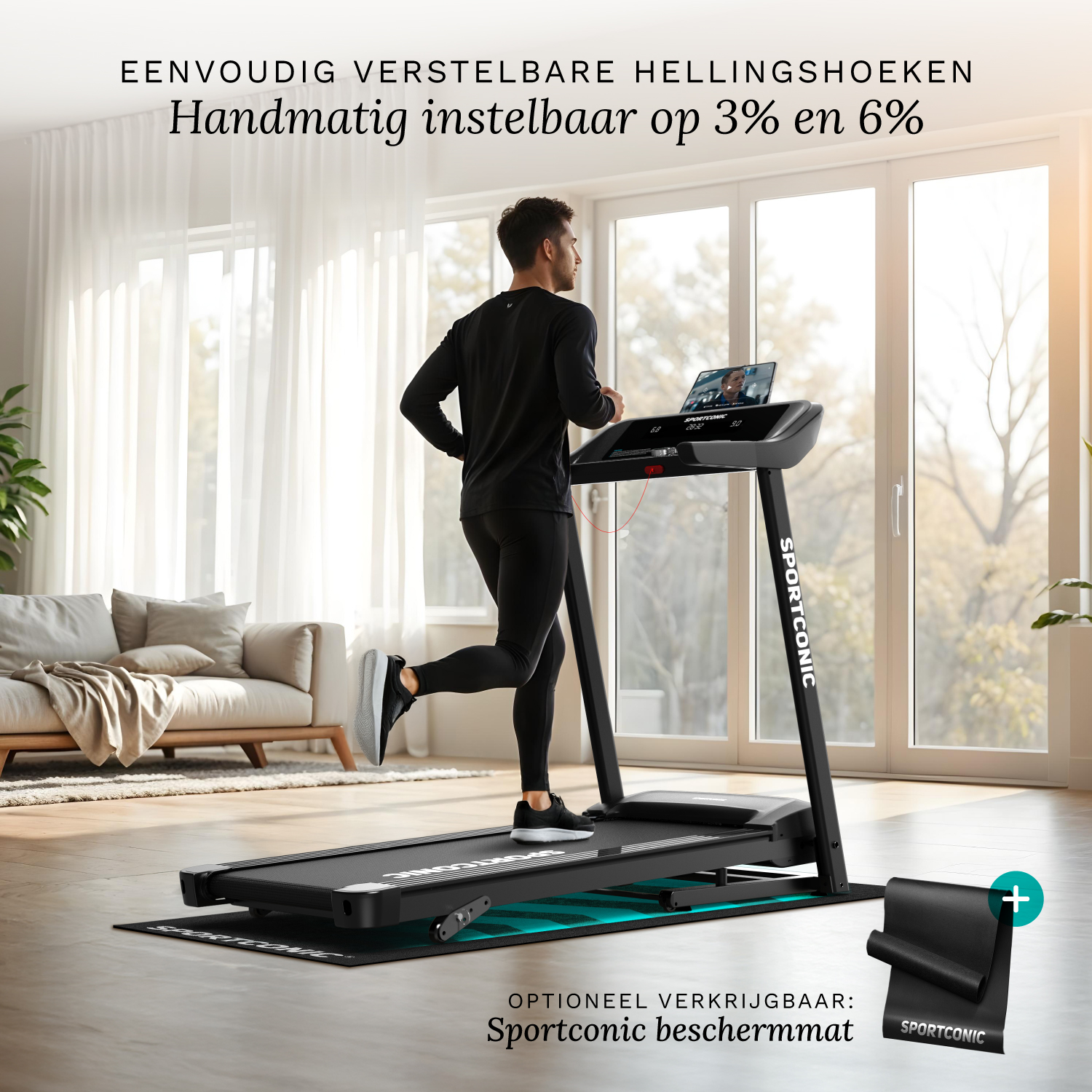 Ein Mann läuft auf einem Laufband in einem Wohnzimmer. Verstellbare Steigung.