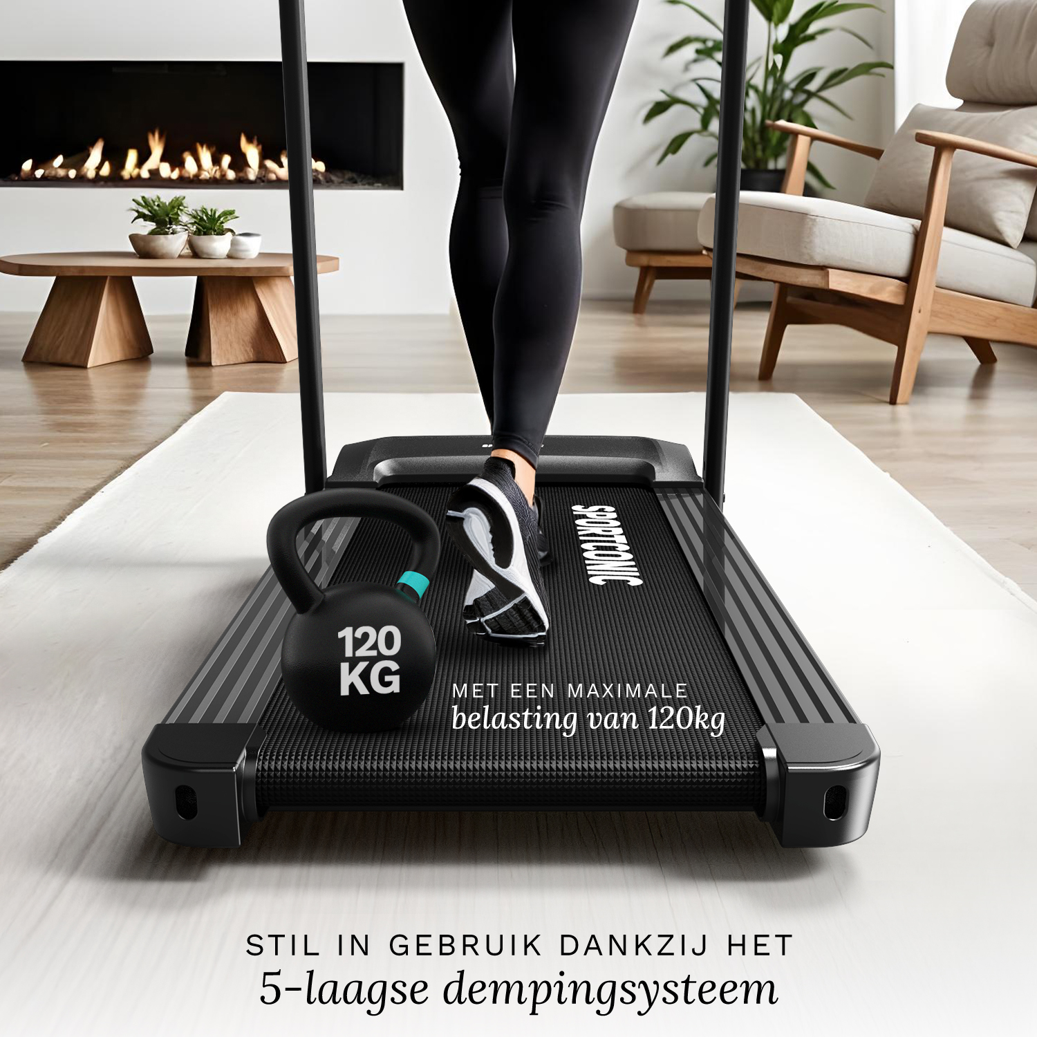 Ein Laufband mit einem Kettlebell (120 kg) und einer Person, die darauf läuft.
