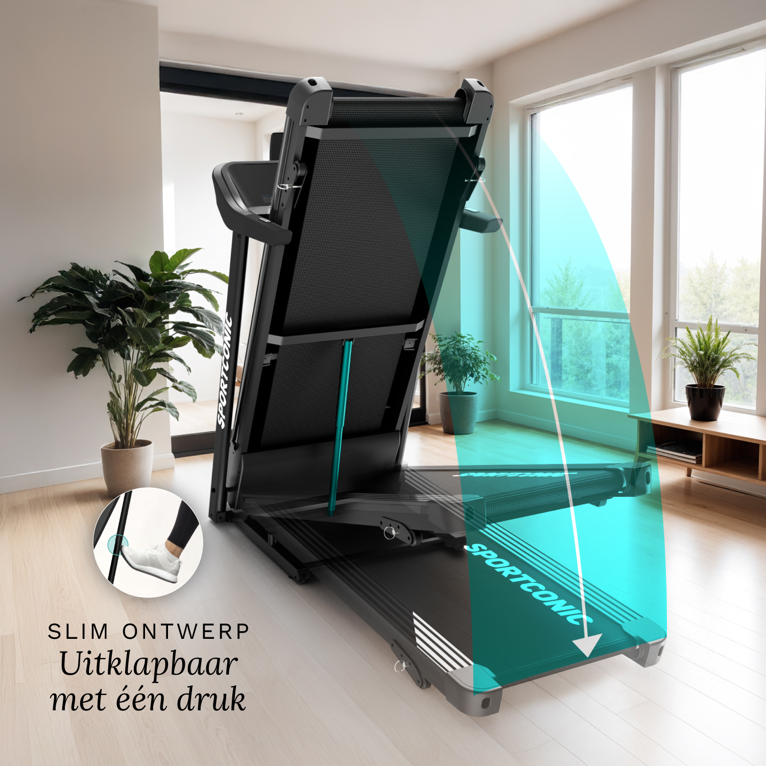 Schwarzes Laufband mit blauem Highlight, in einem hellen Raum mit Pflanzen.