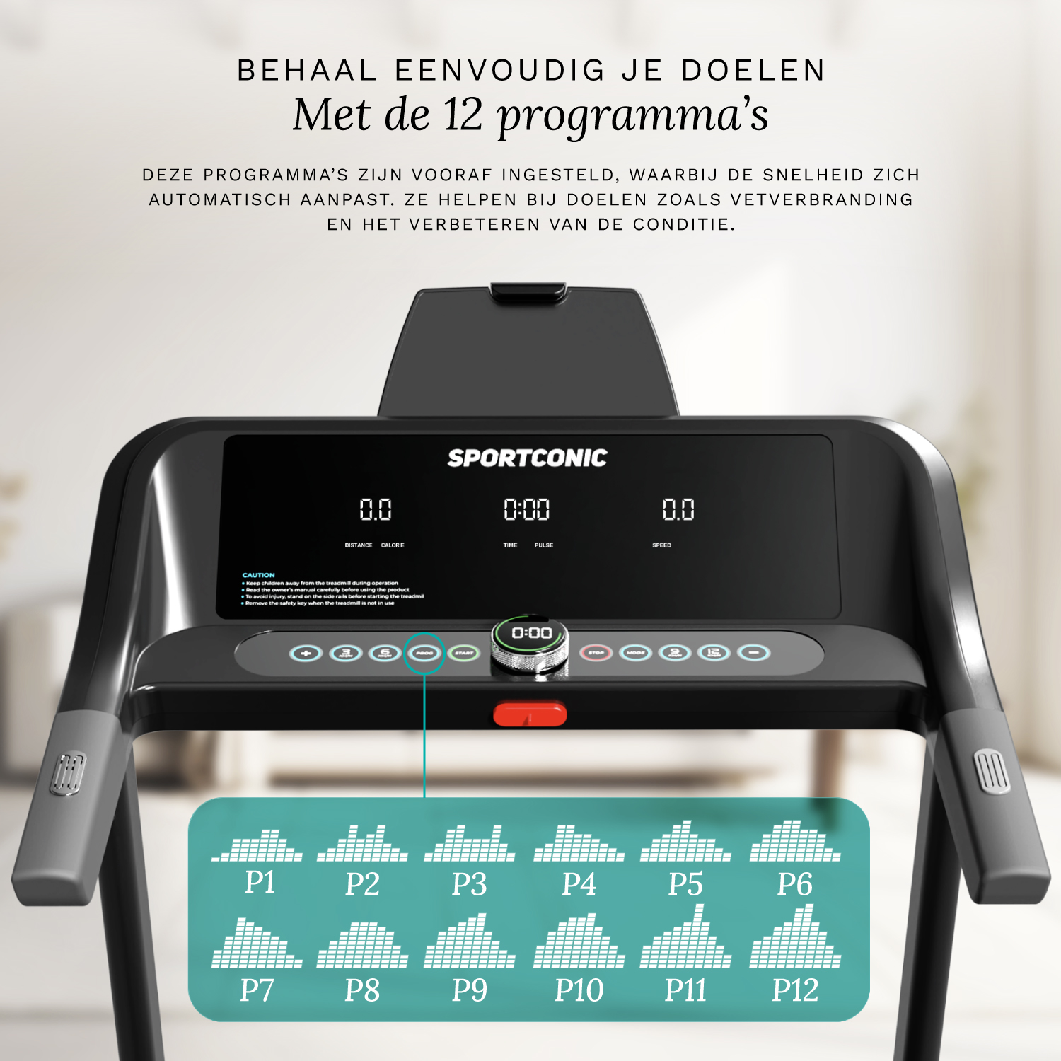 Laufband-Konsole mit 12 Programmen, die als Diagramme dargestellt sind.