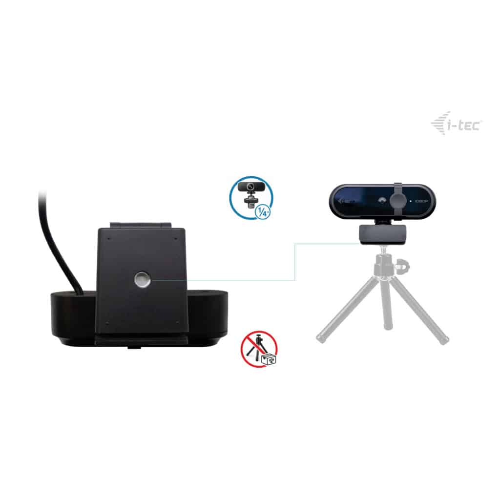 Webcam con treppiede e supporto. Montaggio da 1/4 di pollice mostrato.