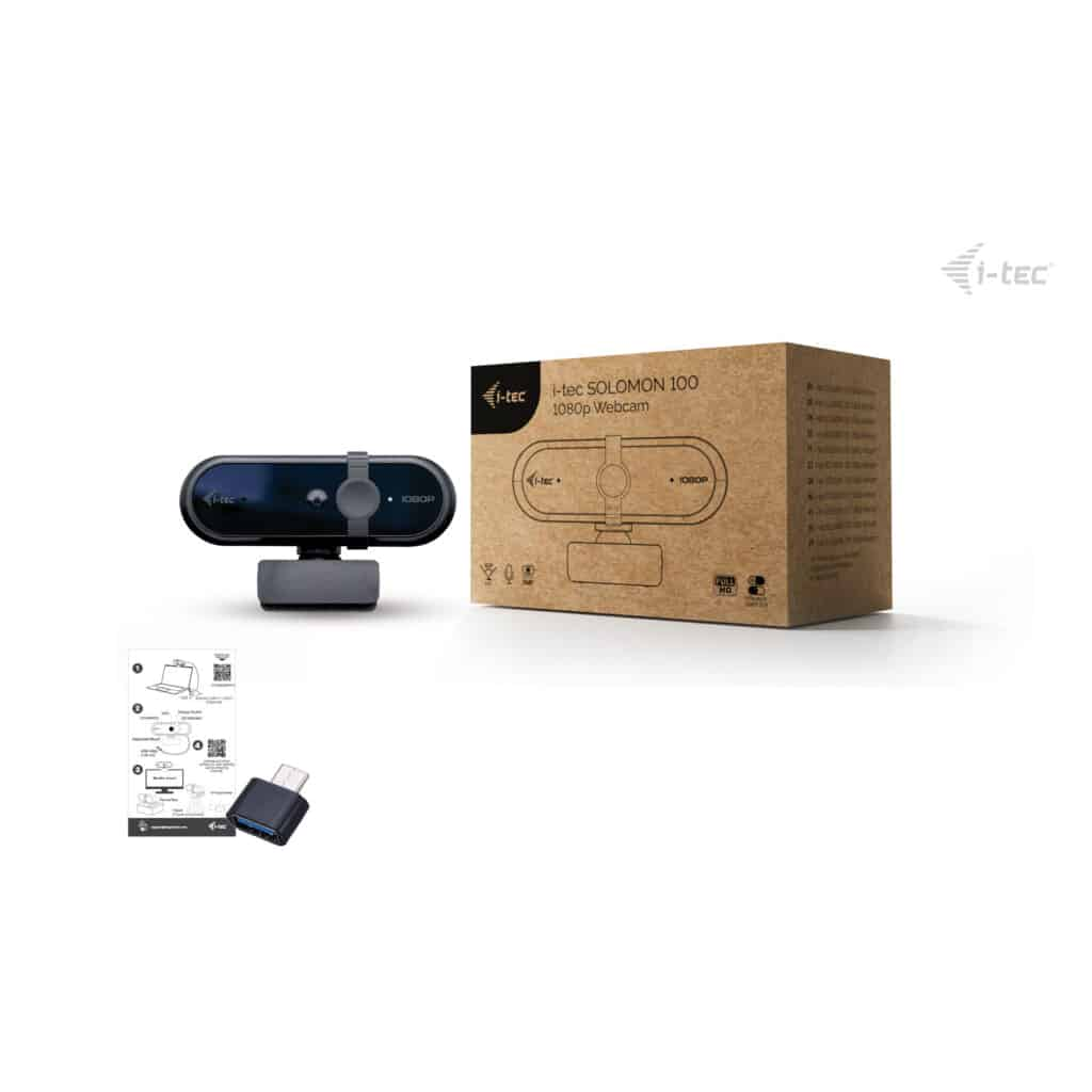 Una webcam i-tec 1080p con imballaggio e istruzioni.