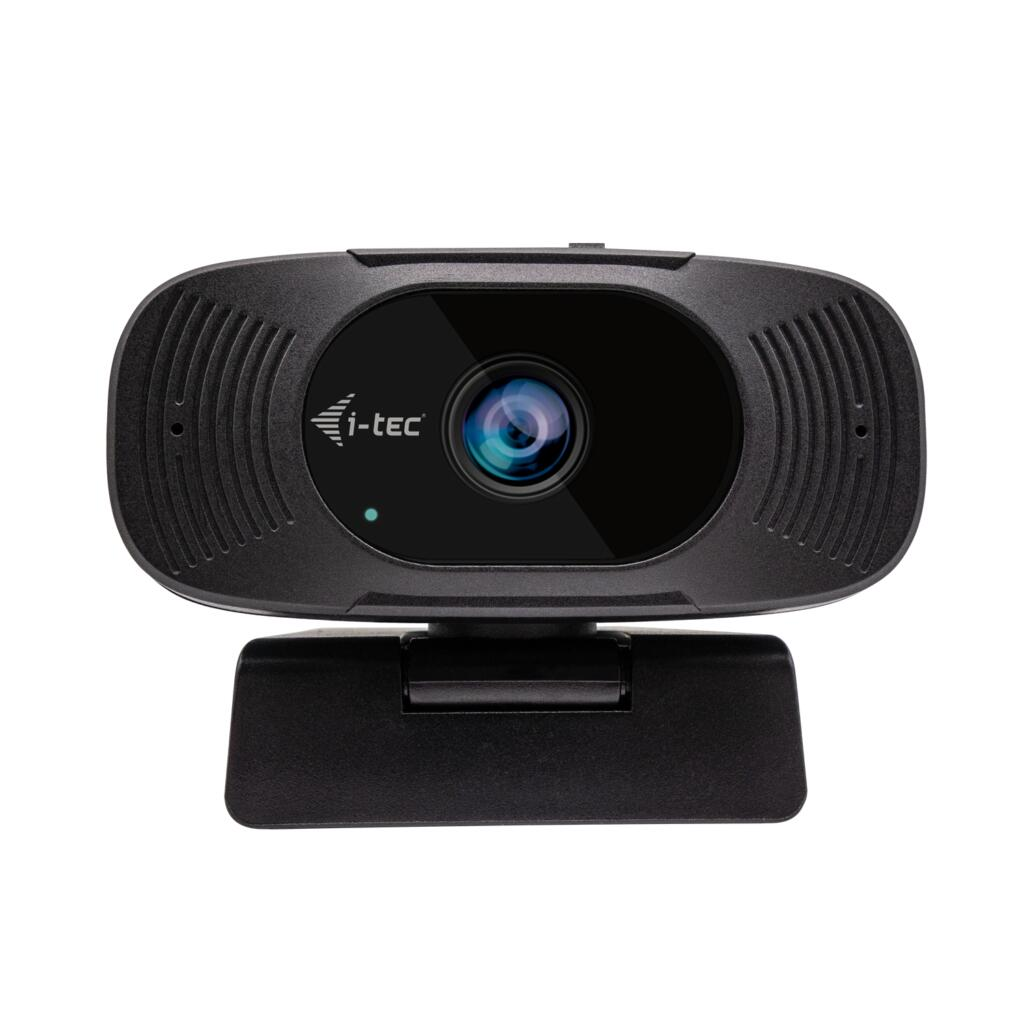 Zwarte webcam met i-tec logo, lens en ingebouwde microfoon.