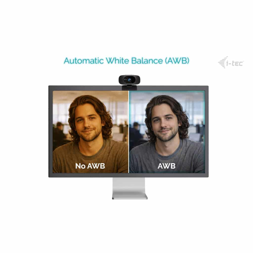 Webcam toont man met en zonder automatische witbalans.