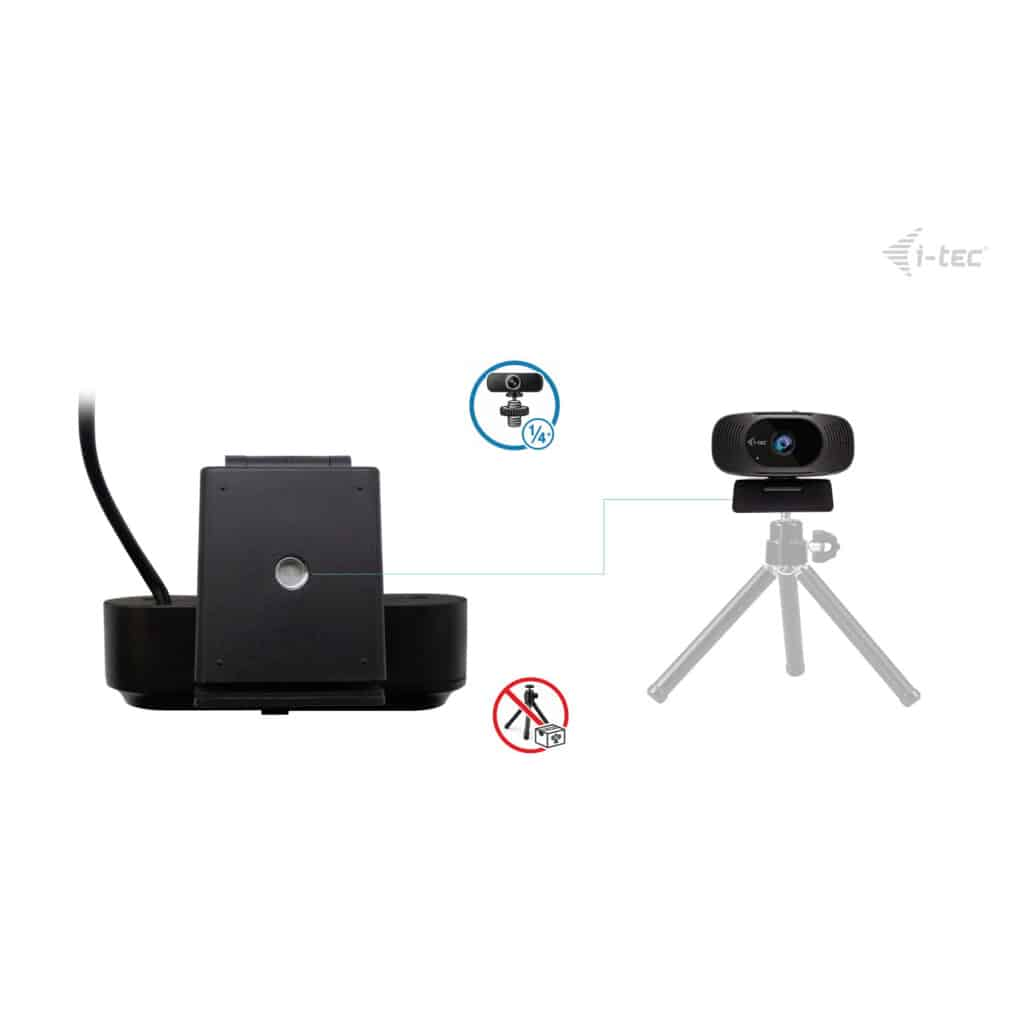 Webcam op statief naast houder met kabel en iconen.