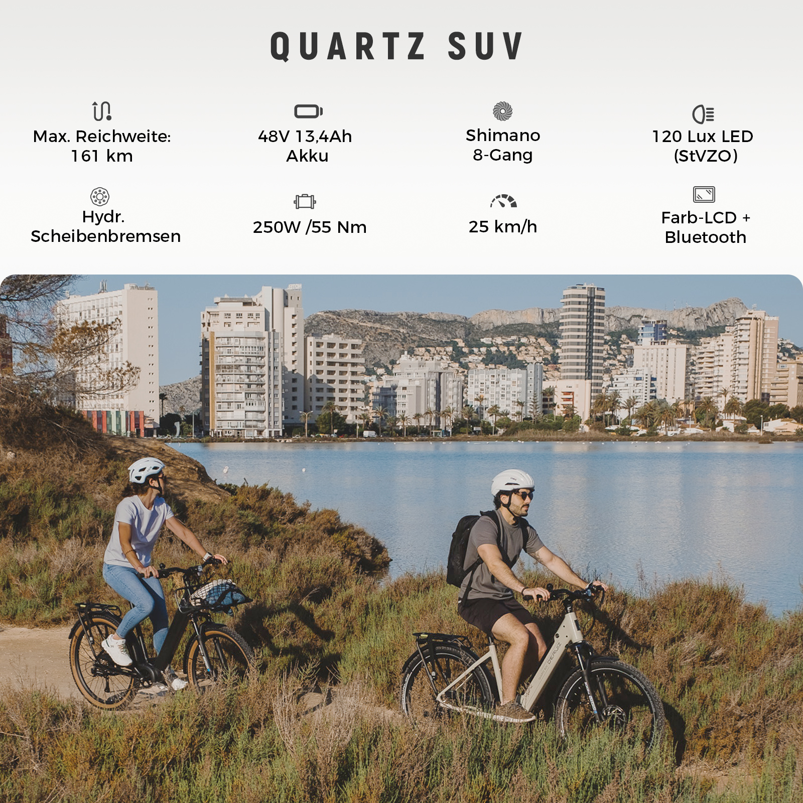 Zwei Personen fahren E-Bikes am Wasser mit Stadtkulisse im Hintergrund.