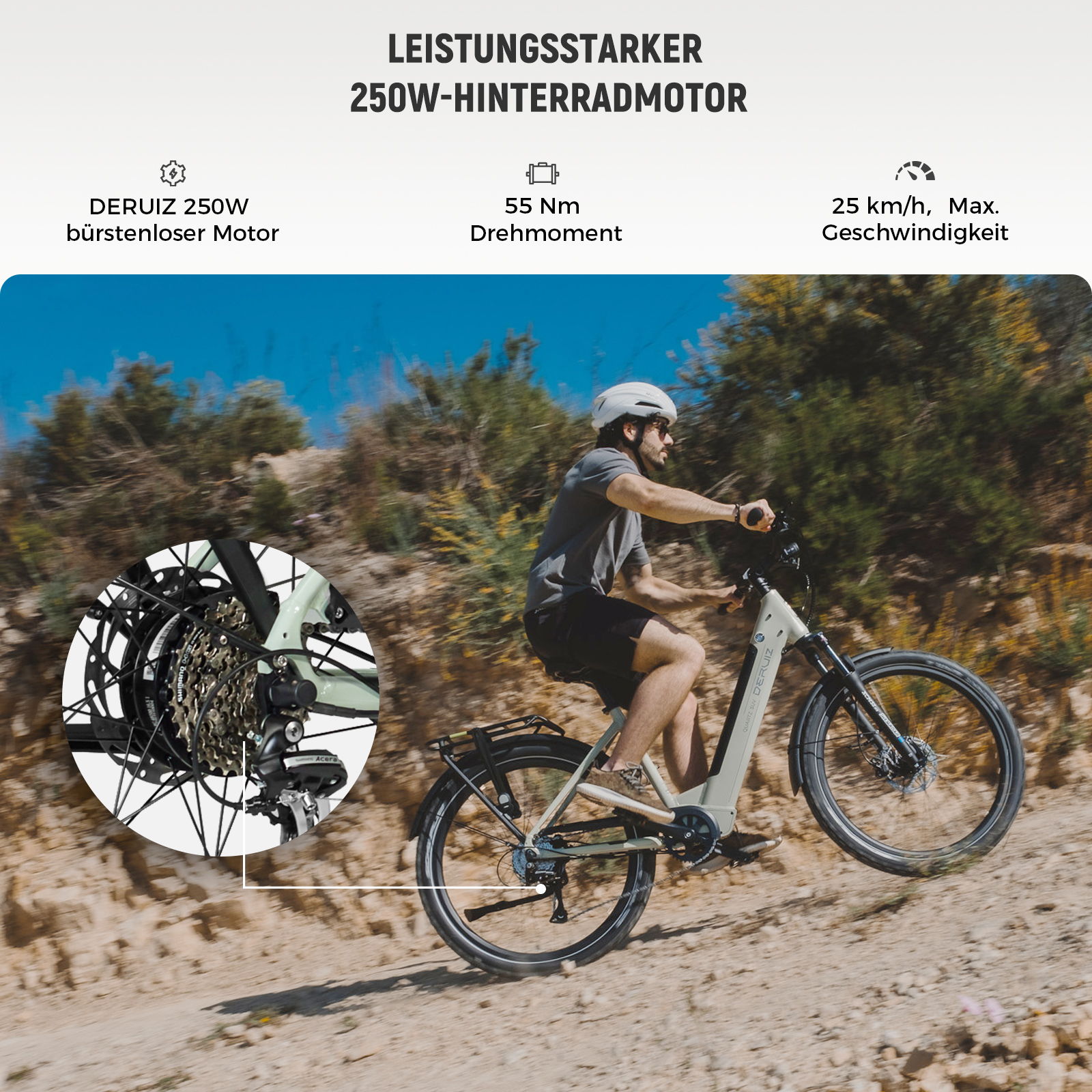 Ein Mann fährt ein E-Bike auf einem Feldweg. Nahaufnahme der Hinterradnabe.