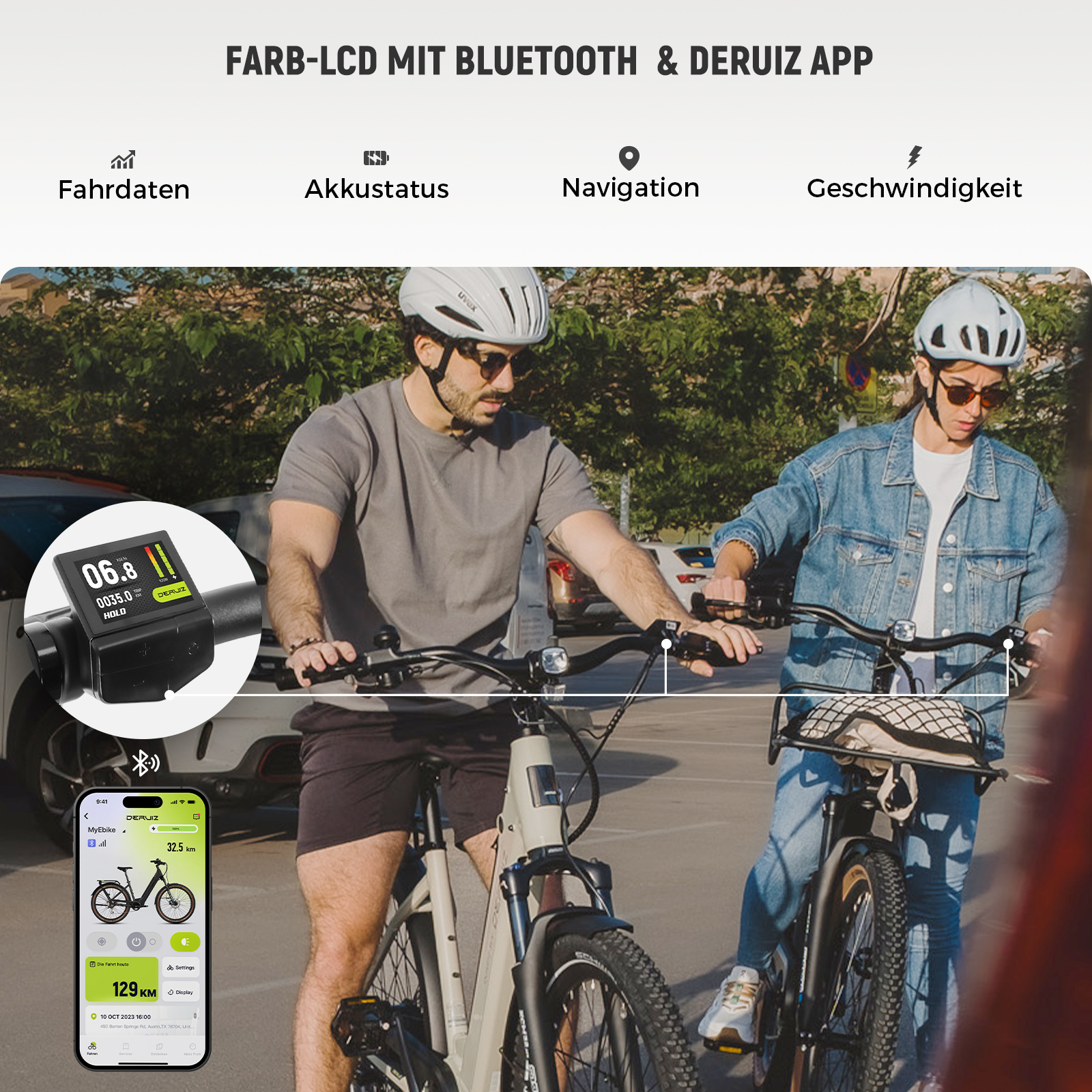 Zwei Personen auf E-Bikes mit Helm und Sonnenbrille. Zeigt ein Farb-LCD mit Bluetooth und App.
