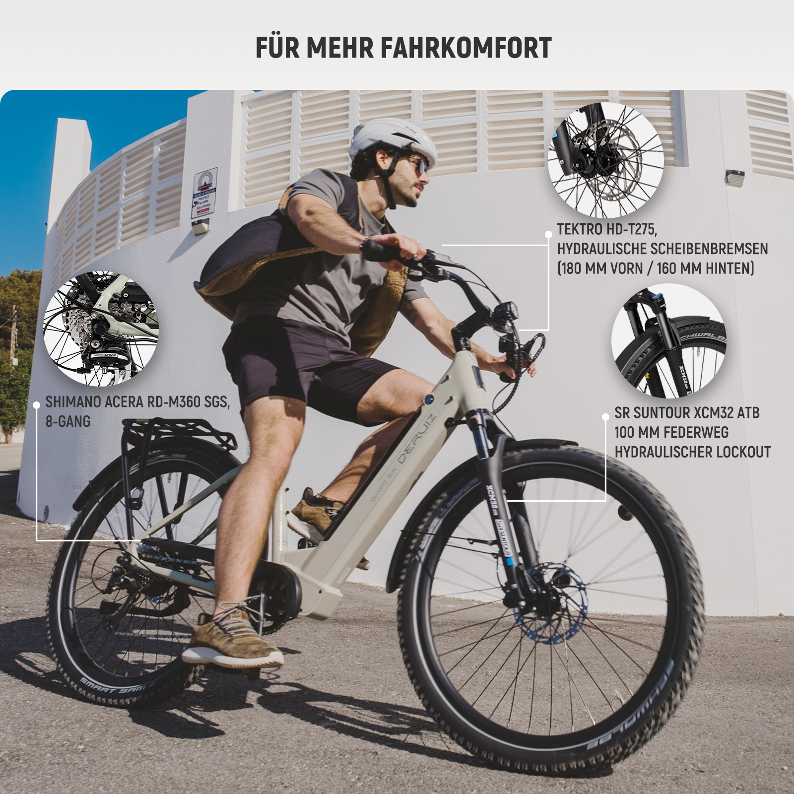 Ein Mann fährt ein beigefarbenes E-Bike mit Scheibenbremsen und Gangschaltung.