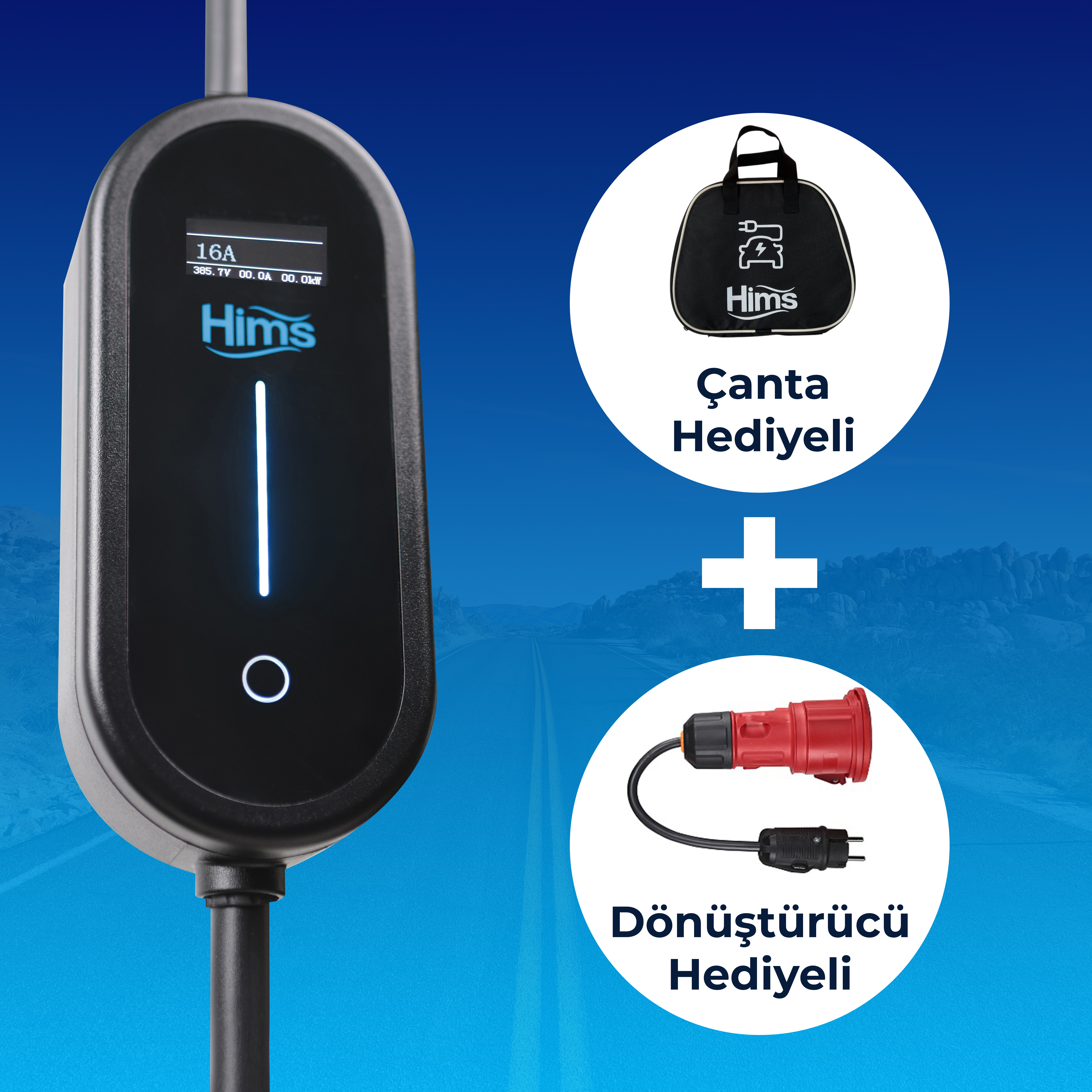 Yol arka planı önünde çanta ve adaptörlü şarj cihazı.
