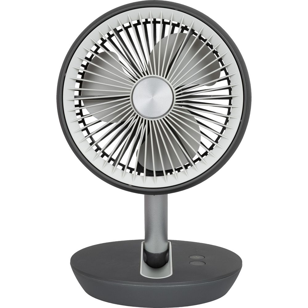 Ein kleiner, tragbarer Ventilator mit rundem Kopf und dunklem Sockel.
