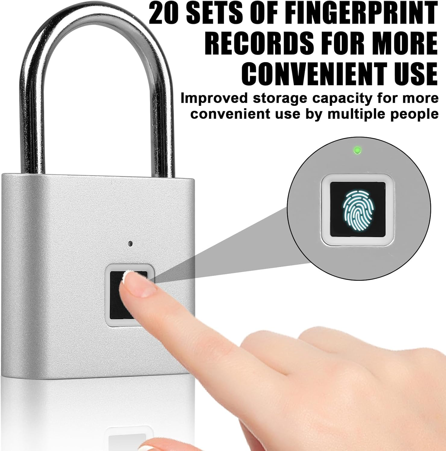 Ein silbernes Vorhängeschloss mit Fingerabdrucksensor, das von einer Hand benutzt wird.