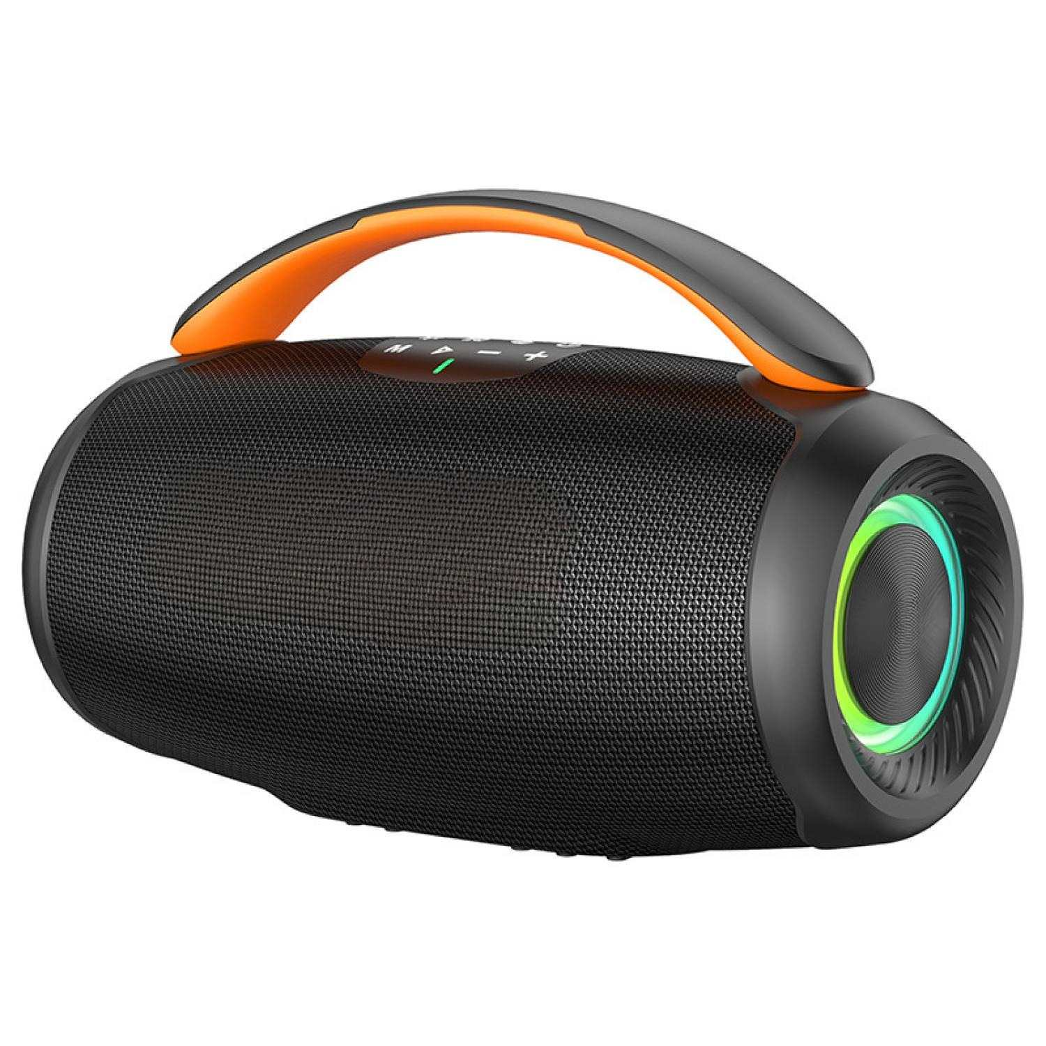 Schwarzer Bluetooth-Lautsprecher mit orangem Griff und LED-Beleuchtung.