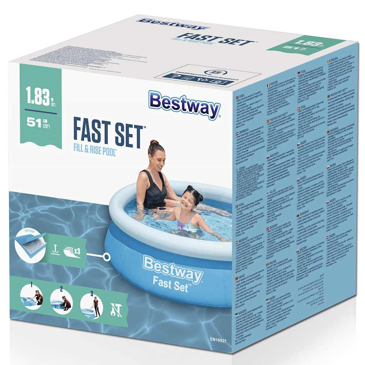 Bestway Fast Set Pool: Eine Frau und ein Kind planschen im blauen Pool. Maße 1,83m x 51cm.
