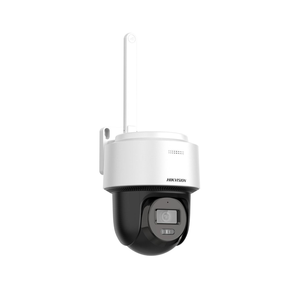 Una cámara de seguridad Hikvision blanca con carcasa negra y antena.