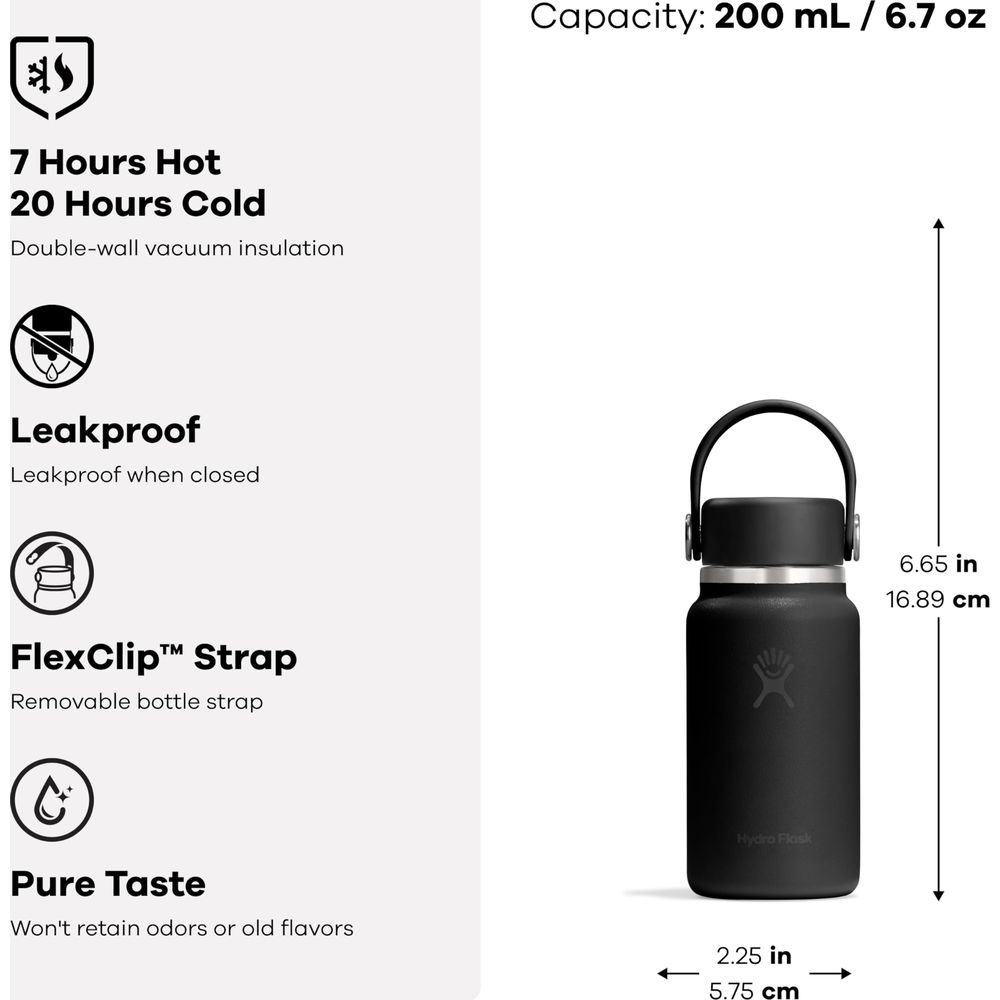 Schwarze Hydro Flask Flasche, 200 ml Kapazität, doppelwandig, auslaufsicher, mit Henkel.