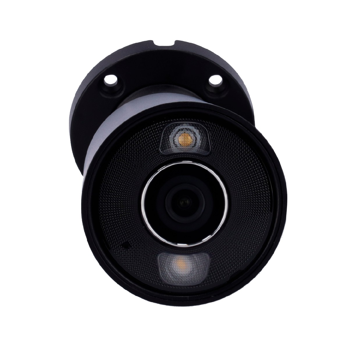 Una cámara de seguridad negra con LEDs IR y lente.