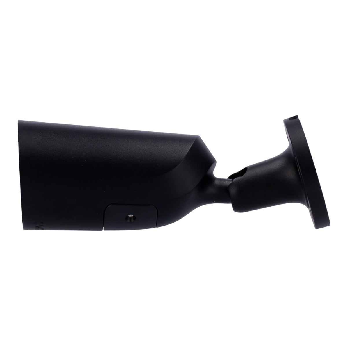 Cámara de vigilancia negra con brazo ajustable y brida de montaje.