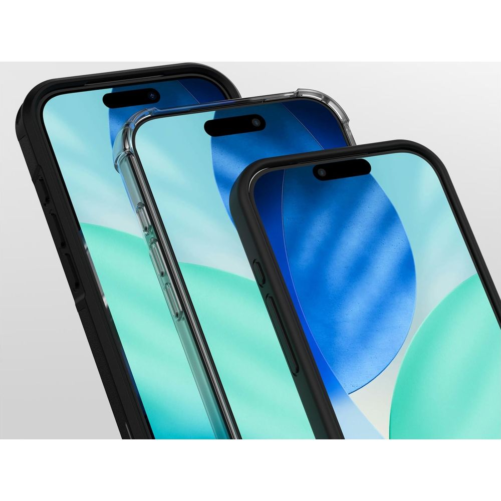Three smartphones in protective cases, angled view, showing screens with abstract graphics.