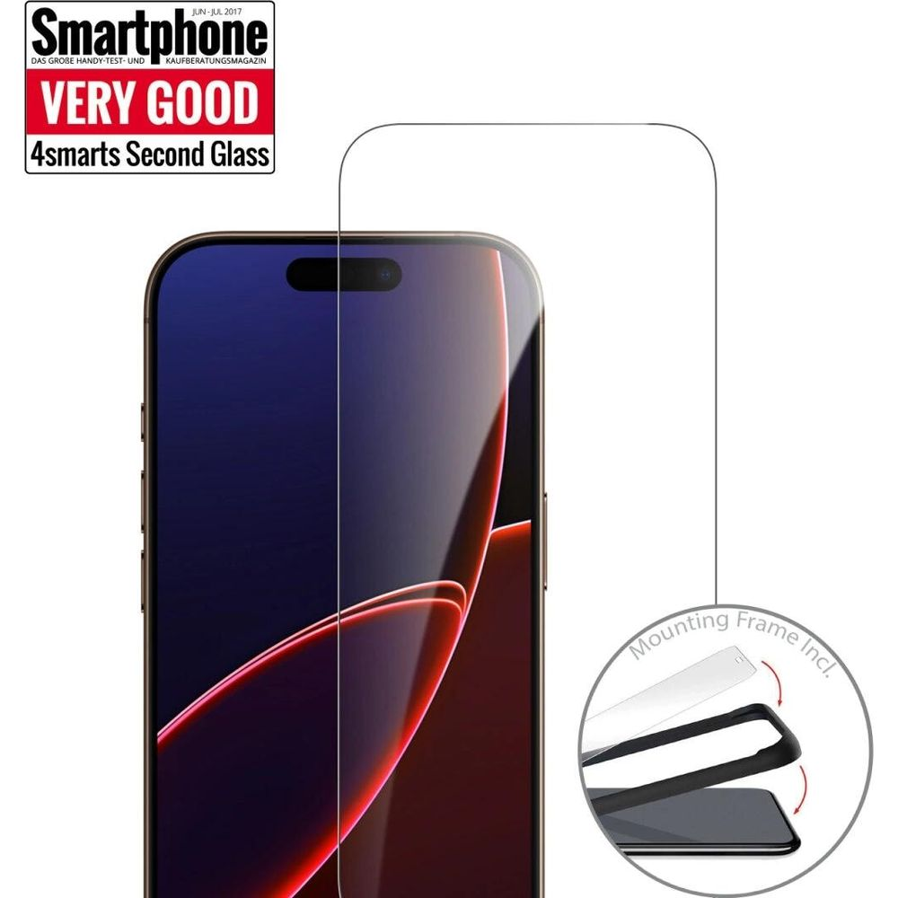 Screen protector for a smartphone with mounting frame and 'VERY GOOD' print.