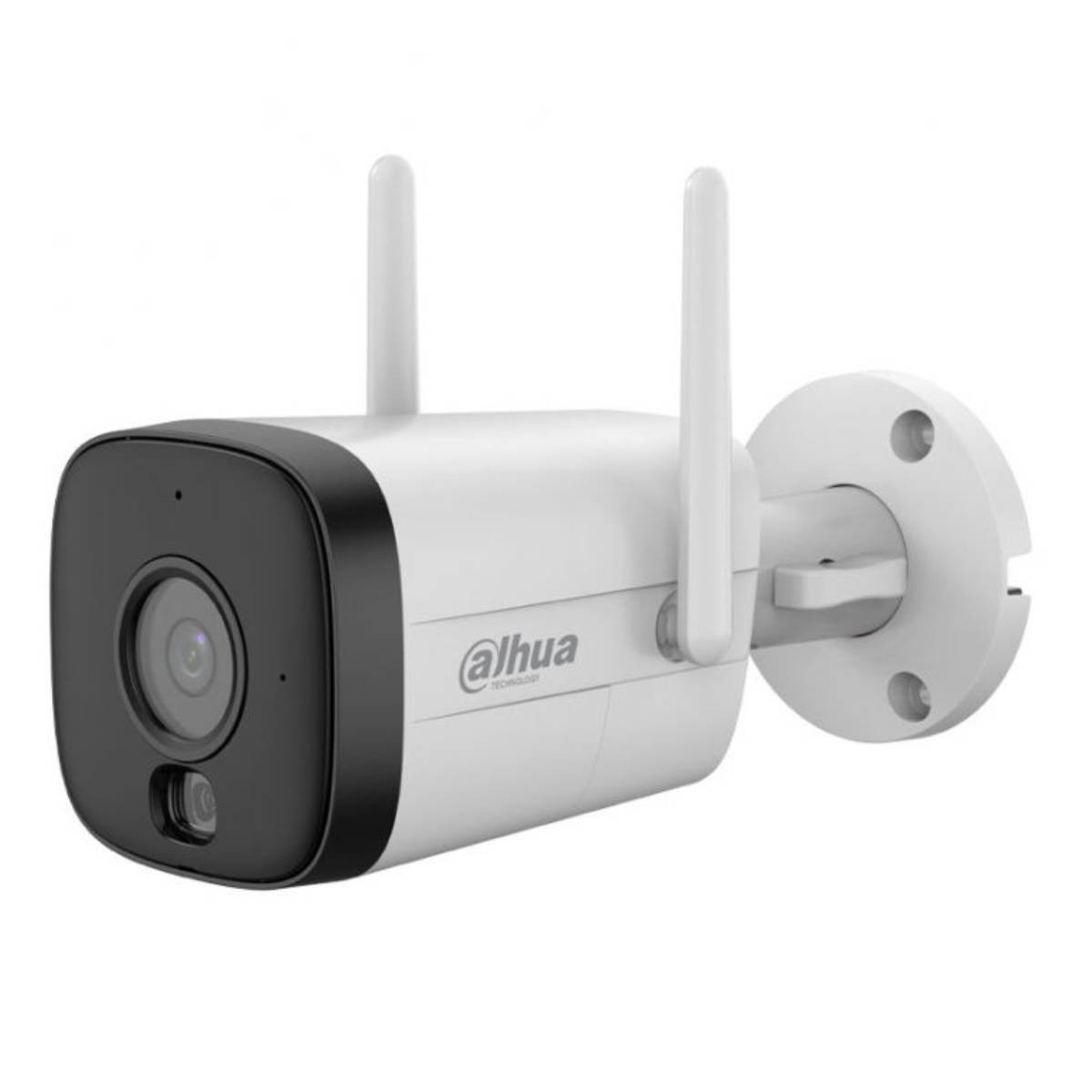 Telecamera di sicurezza Dahua bianca con due antenne e frontale nero.