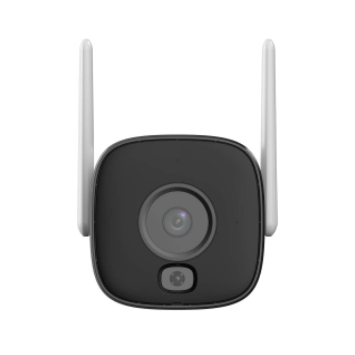 Una telecamera di sicurezza nera con due antenne su sfondo bianco.