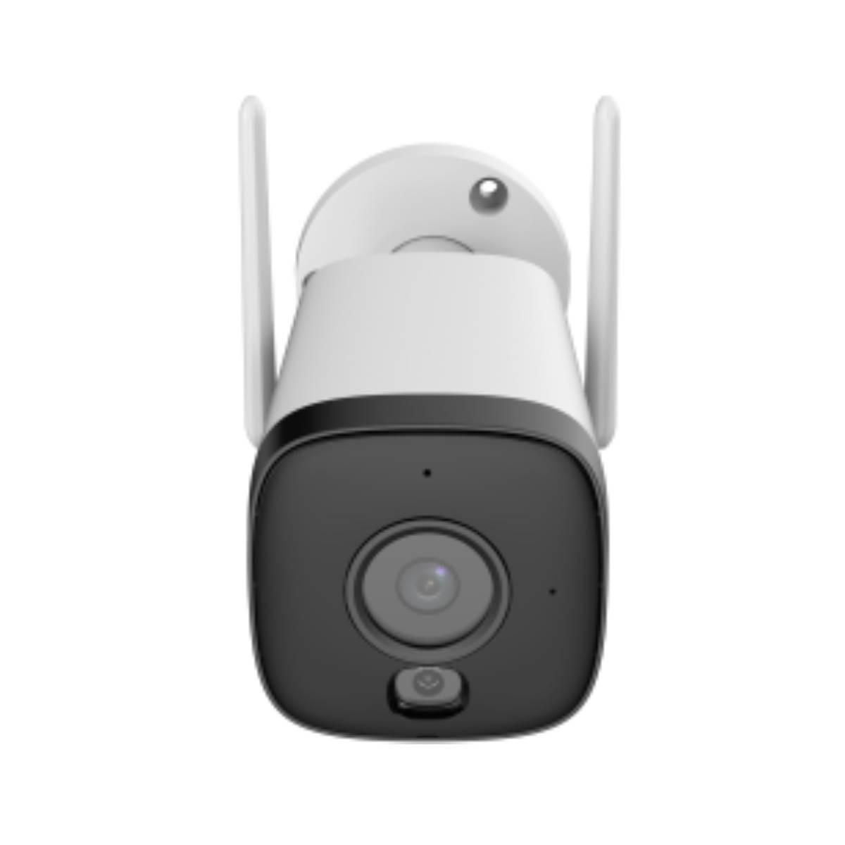 Una telecamera di sicurezza bianca con accenti neri e due antenne.