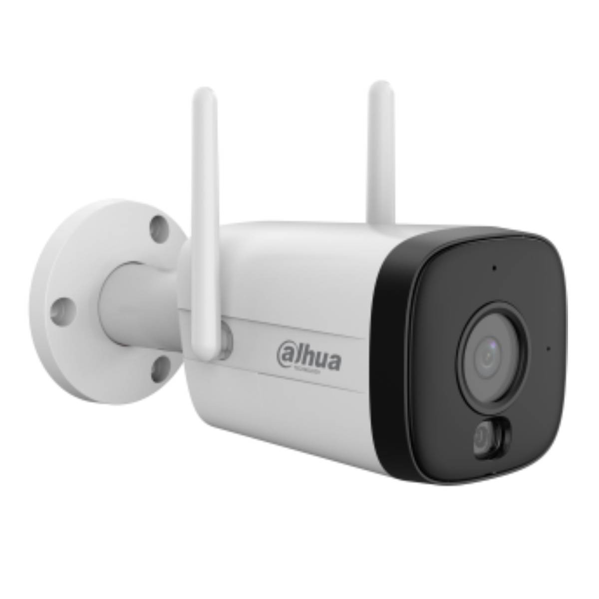 Telecamera di sicurezza Dahua bianca con frontale nero, due antenne e supporto a muro.