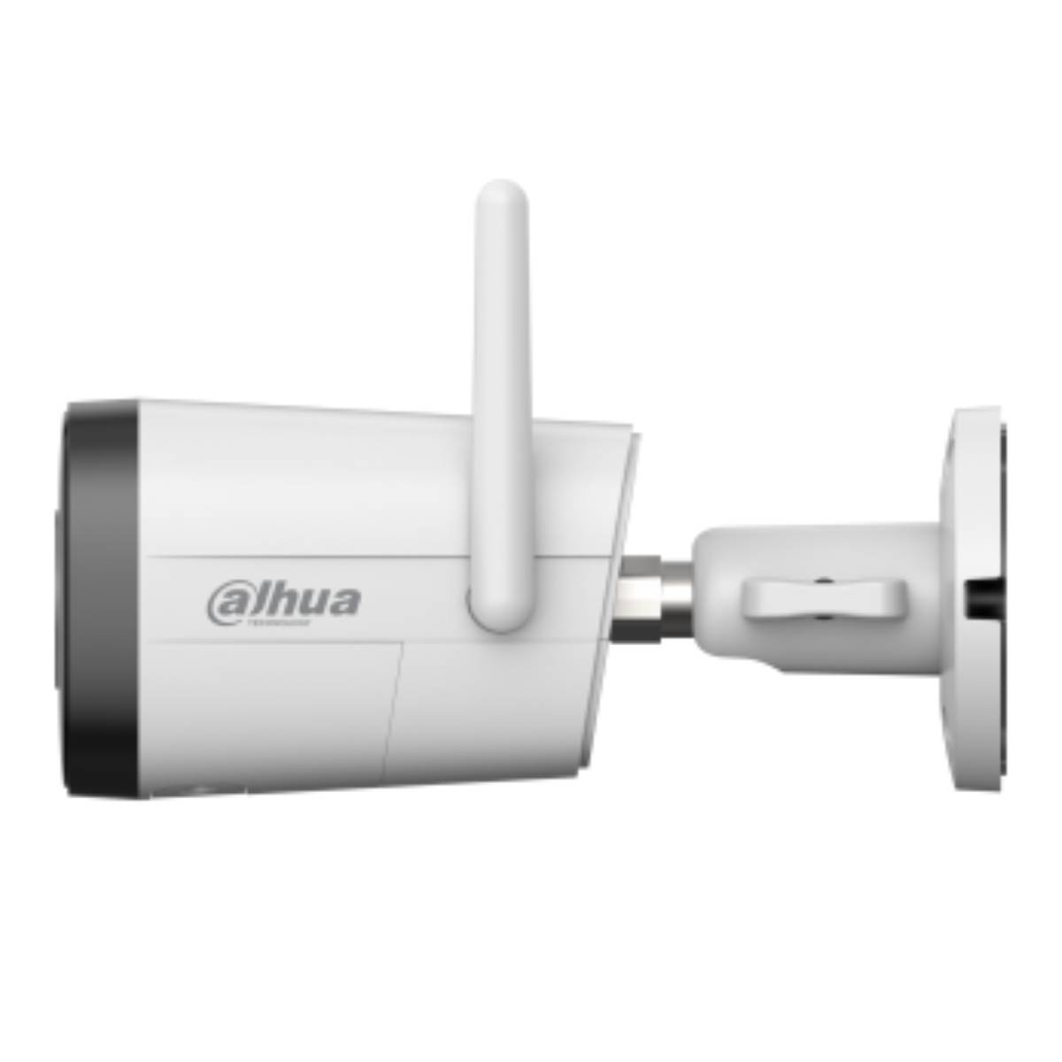 Telecamera di sicurezza bianca con antenna e staffa, su sfondo bianco.