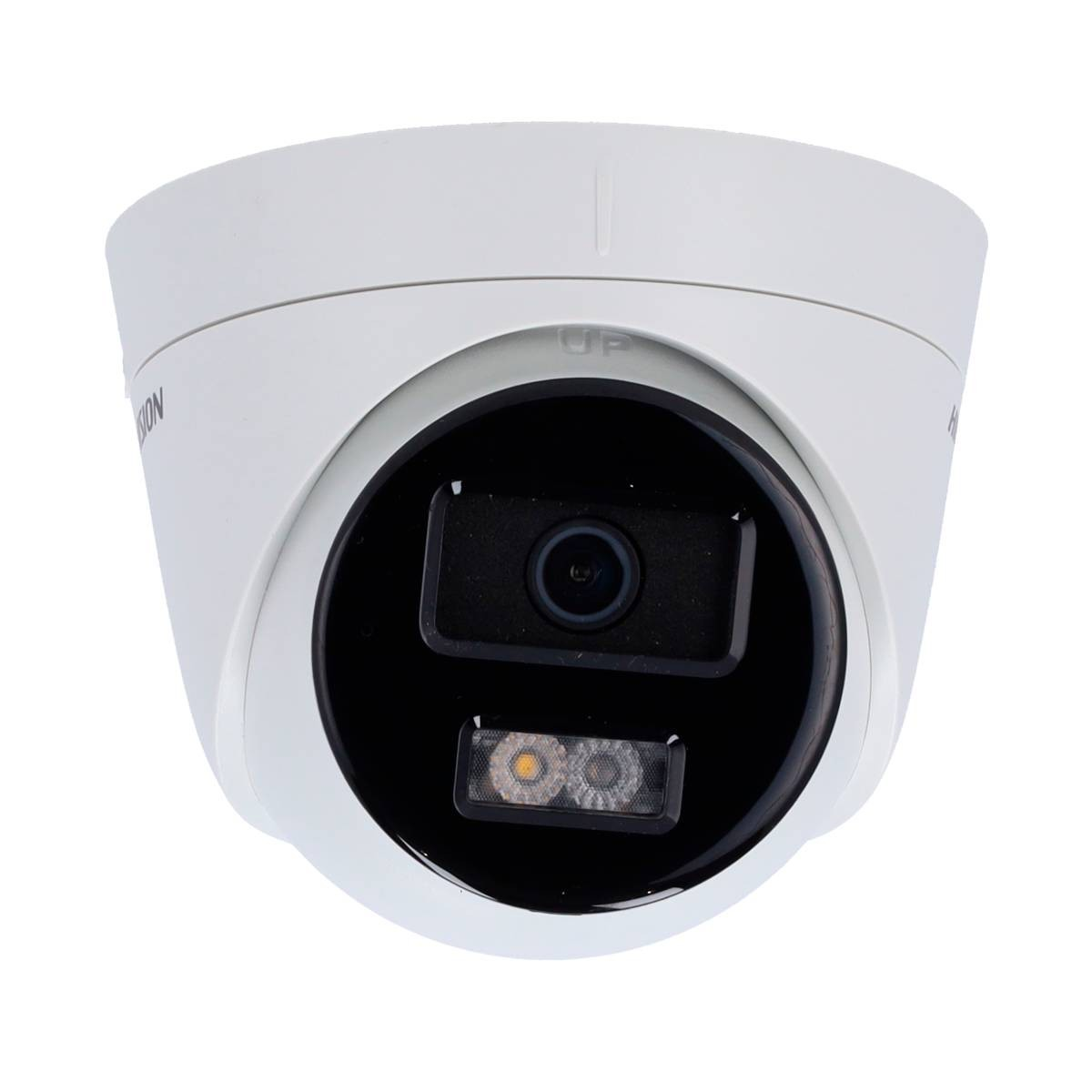 Una telecamera di sicurezza dome bianca con obiettivo nero e LED IR su sfondo bianco.