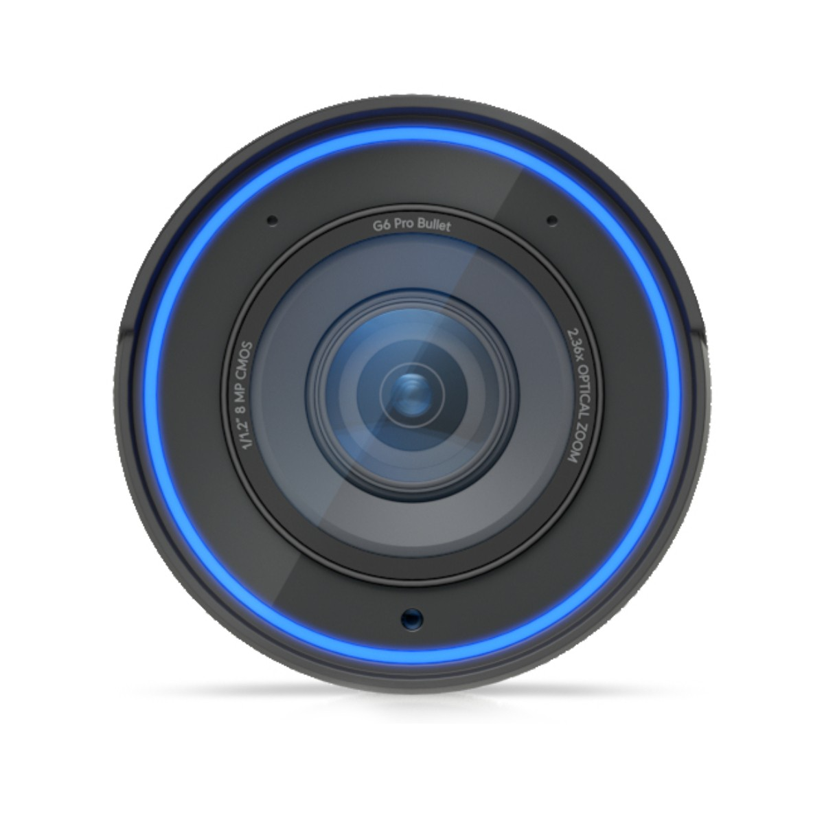 A round security camera with a blue light ring and visible lens.